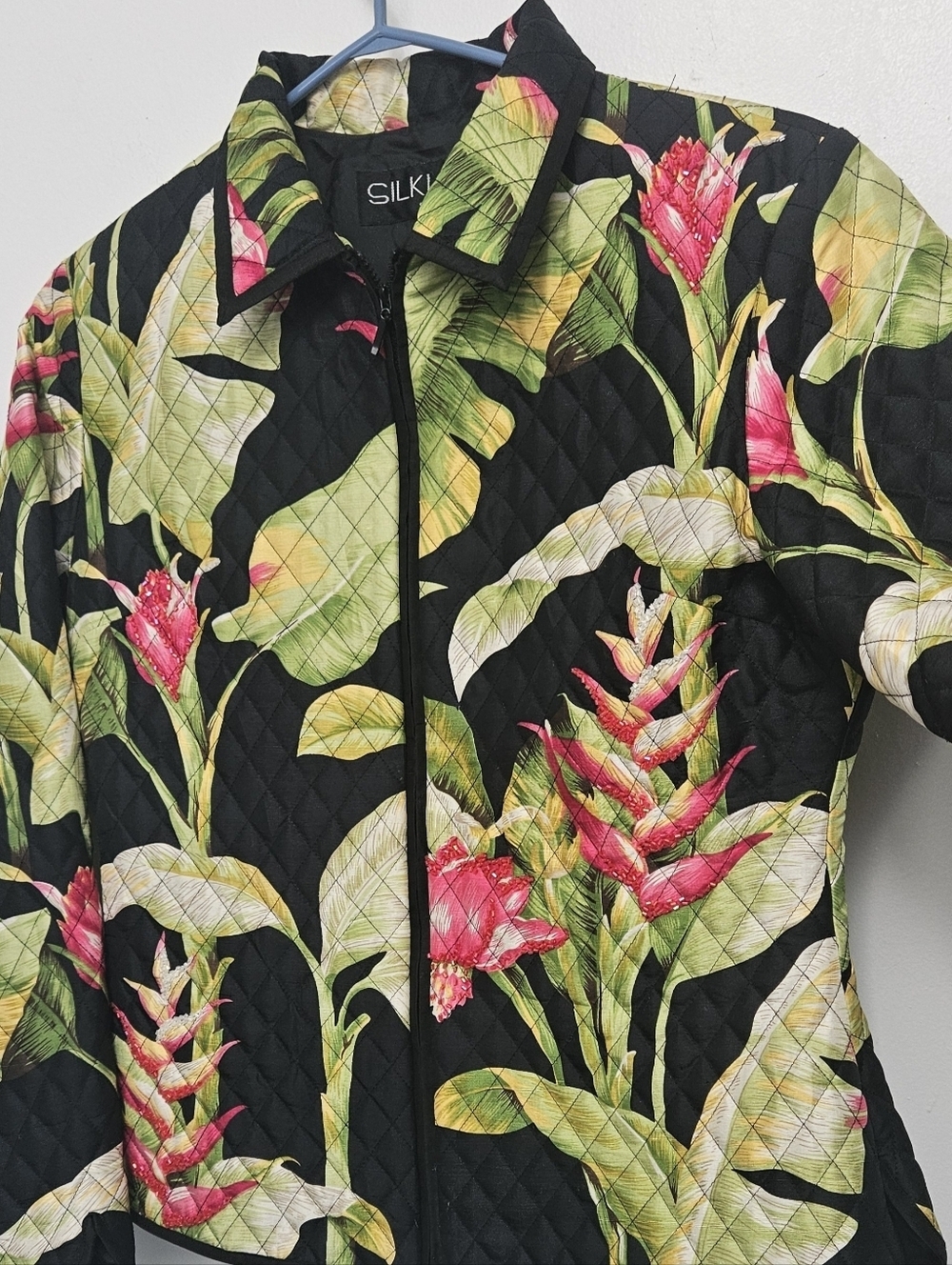 Silkland Jacket 100% Sill Womens P Small Quilted Floral Foliage Beaded Flowers - Picture 8 of 13